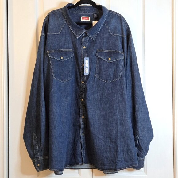 NWT Wrangler 5X Men's Western Denim Snap Shirt | Cowboy Wash | Big & Tall - Picture 1 of 11